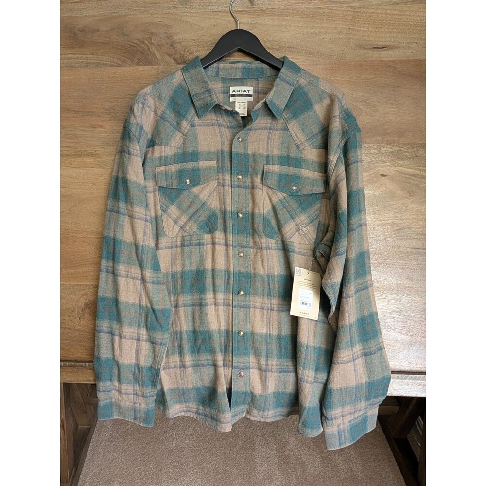 Ariat Huxlee Retro Fit Shirt Men 2XL Brown Blue Plaid Long Sleeve Pearl Snap NWT